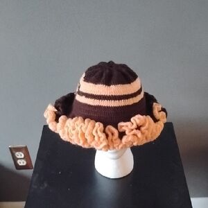 Brown and Orange Knit Hat with Ruffle Trim
